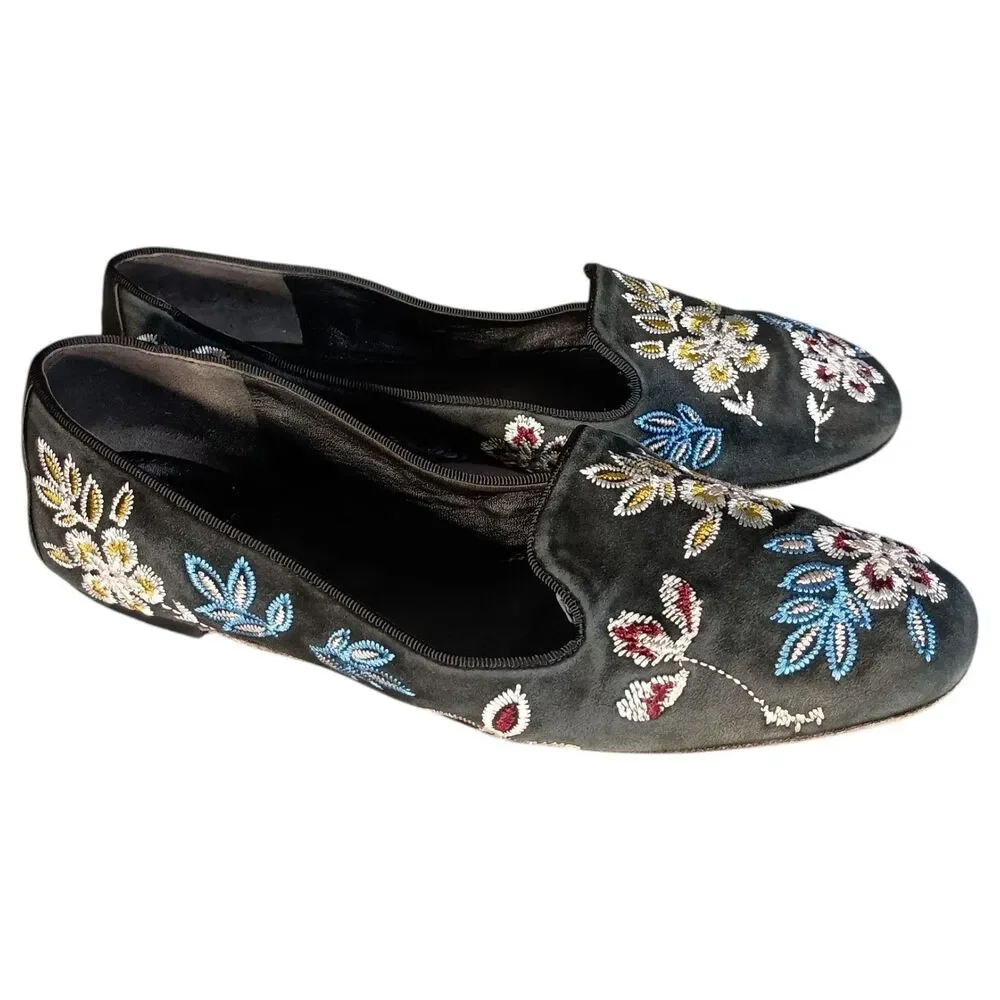 Tory Burch Black Floral Embroidered Smoking Slippers Flat Shoe Loafer Leather 9